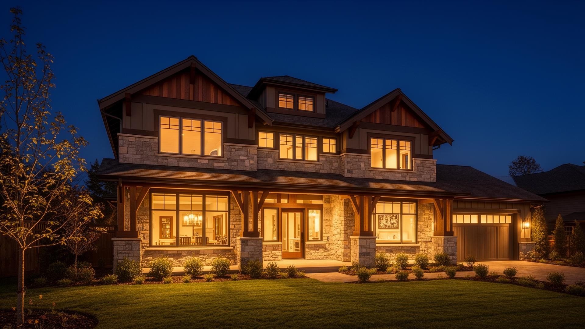 Custom craftsman home at dusk built by Recreated Homes LLC